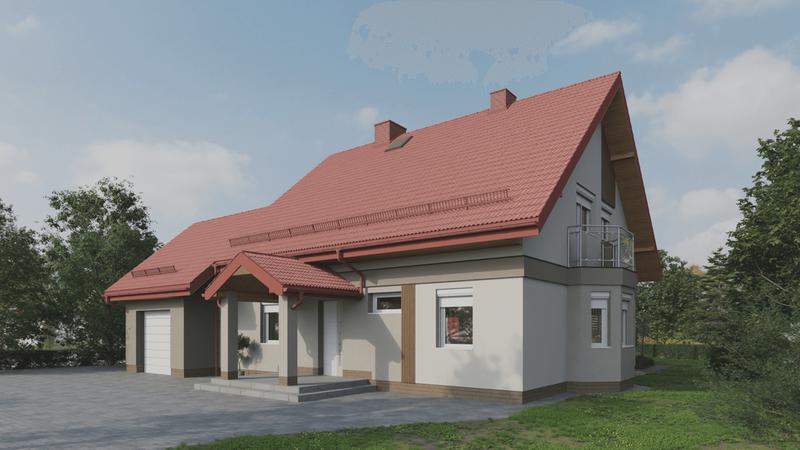 Elewacja domu z czerwonym dachem